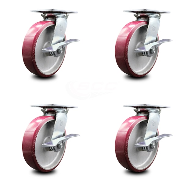 8 Inch Heavy Duty Poly on Aluminum Caster Set with Ball Bearings and Brakes SCC